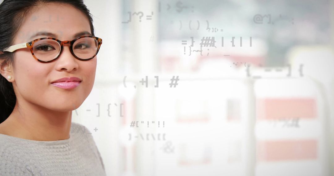 Asian Woman Analyzing Code through Transparent Display