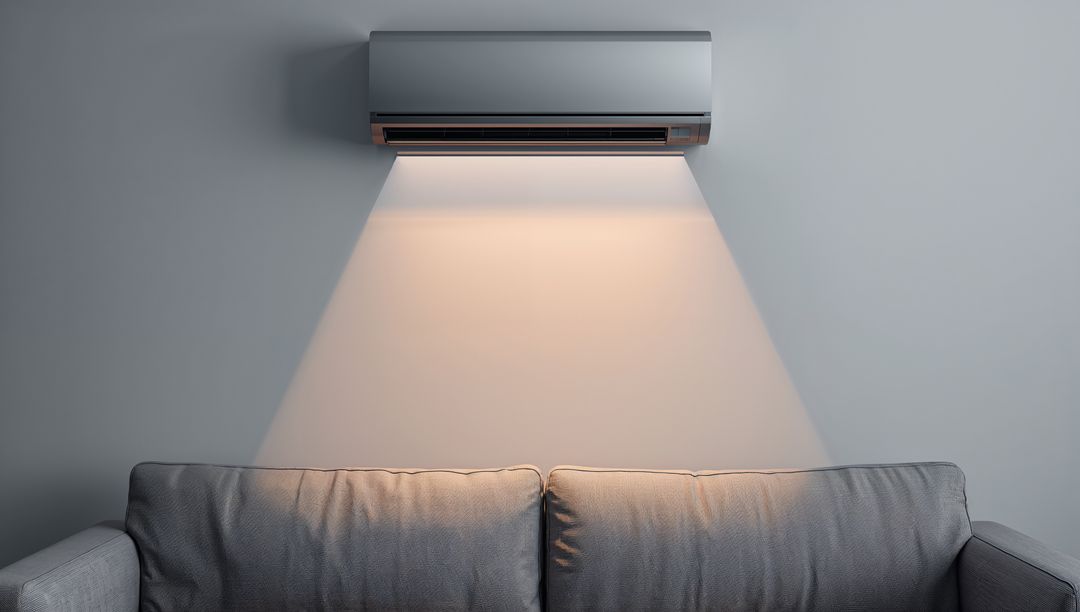 Modern Split Air Conditioner Illuminating Cozy Sofa Space