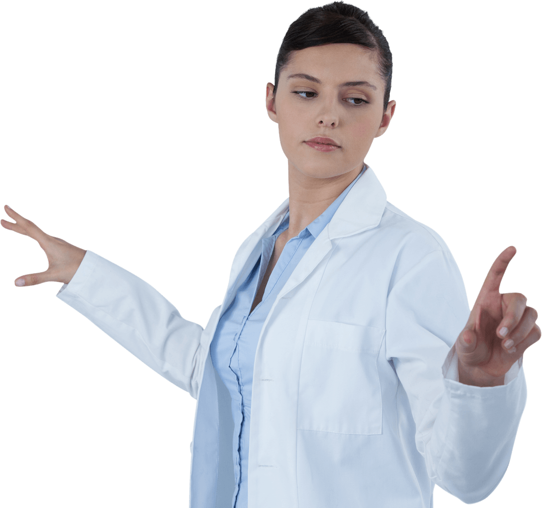 Transparent Female Doctor Engaging with Futuristic Screen Interface