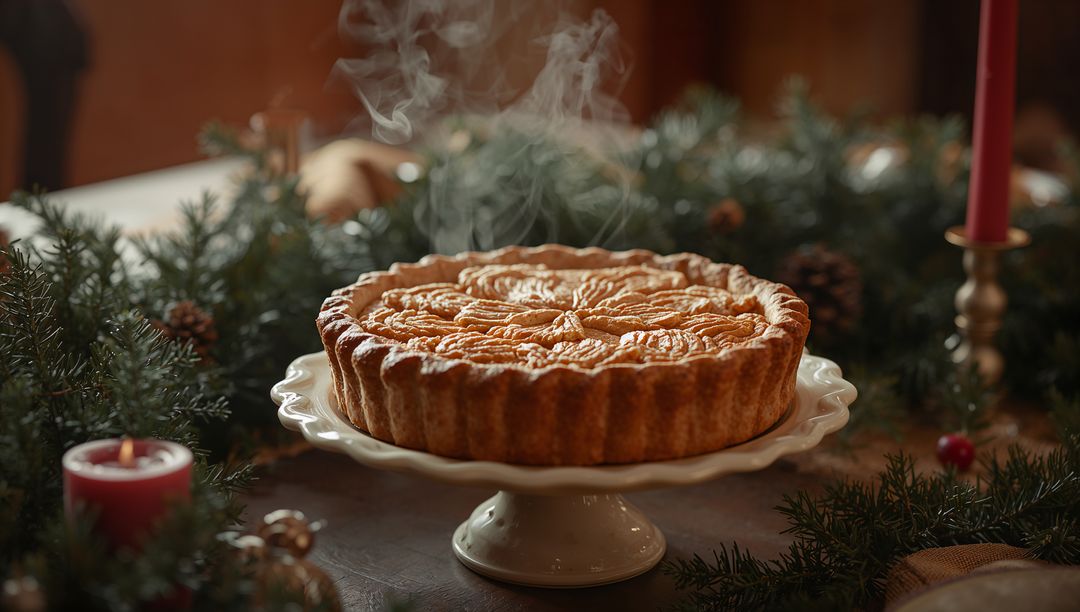 Festive Pumpkin Pie on Holiday Dining Table with Candles and Pinecone Garland