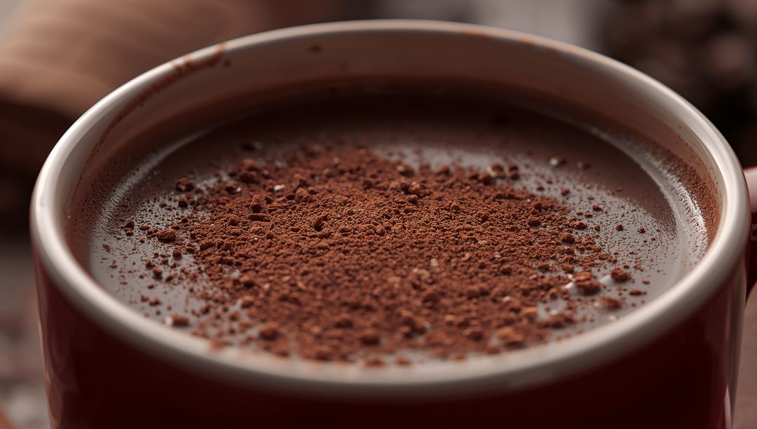 Warm Indulgence: Top View of Frothy Hot Chocolate in Red Mug