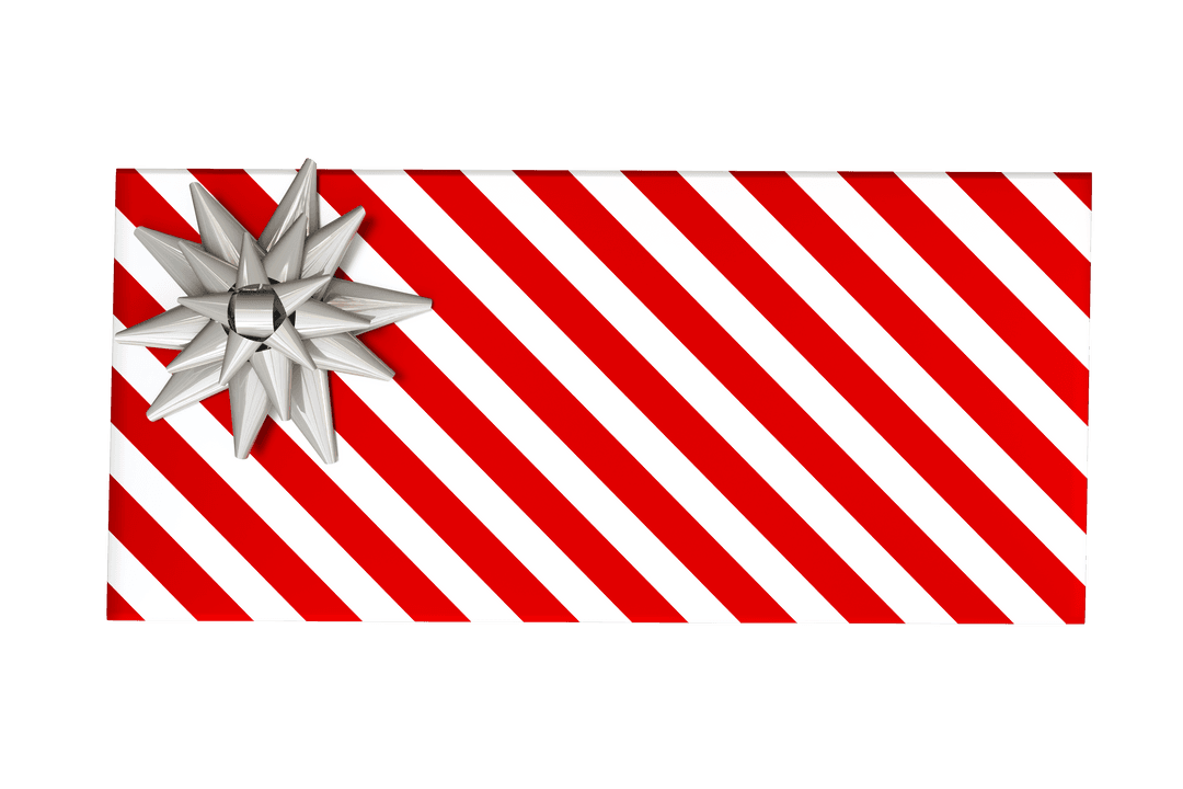 Festive Christmas Present with Red Striped Wrapping and Silver Bow, Transparent Background