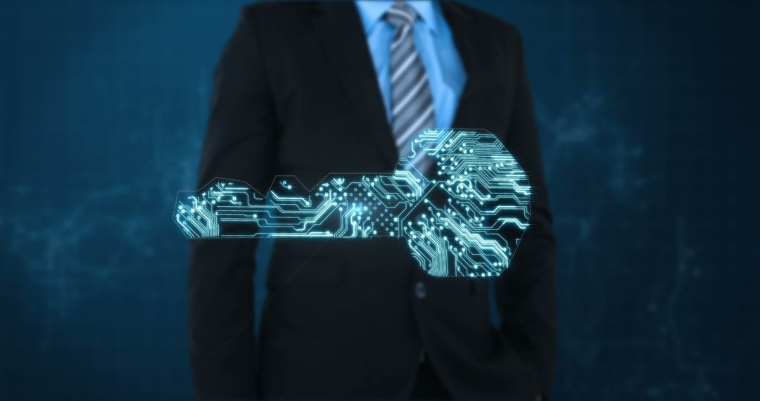 Businessman with Digital Key Hologram Illustrating Cybersecurity Concepts