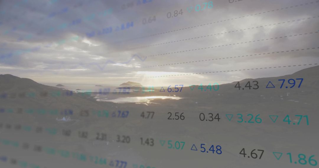 Financial Data Overlay on Coastal Landscape during Cloudy Sunset
