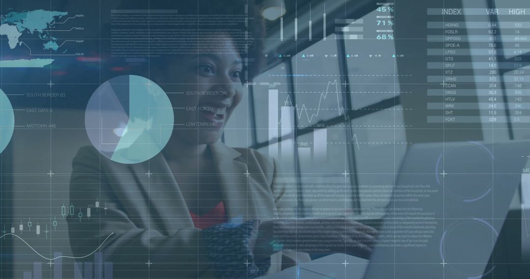 Businesswoman Engaging with Interactive Financial Data Interface
