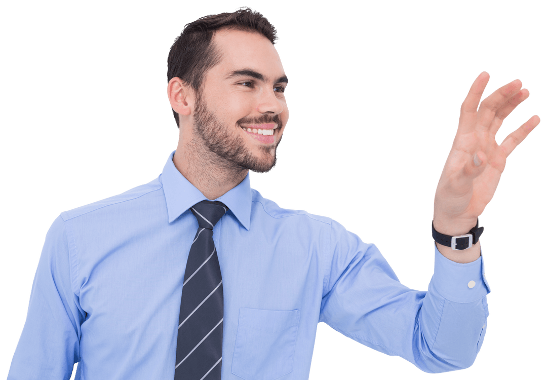 Transparent Happy Businessman Reaching with Smile