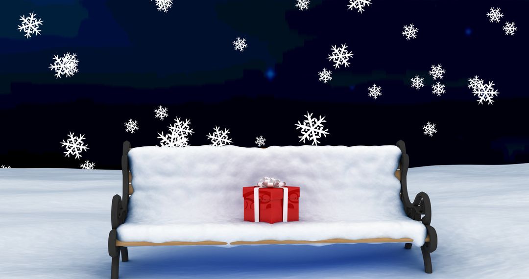 Christmas Present on Snow-Covered Bench Under Falling Snowflakes - Free Images, Stock Photos and Pictures on Pikwizard.com