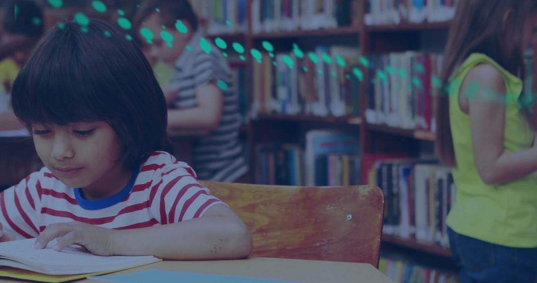 Young Girl Reading Book in Library Setting