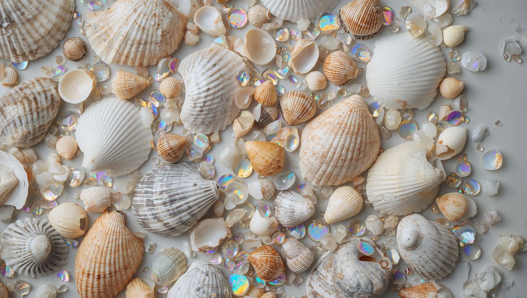 Iridescent Sequins and Assorted Seashells Flatlay — Pastel Coastal Texture Background