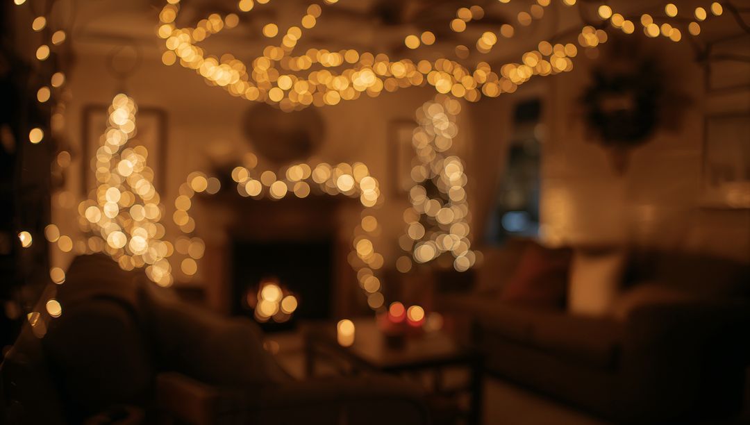 Glowing bokeh living room with string lights, candles and fireplace creating cozy holiday mood
