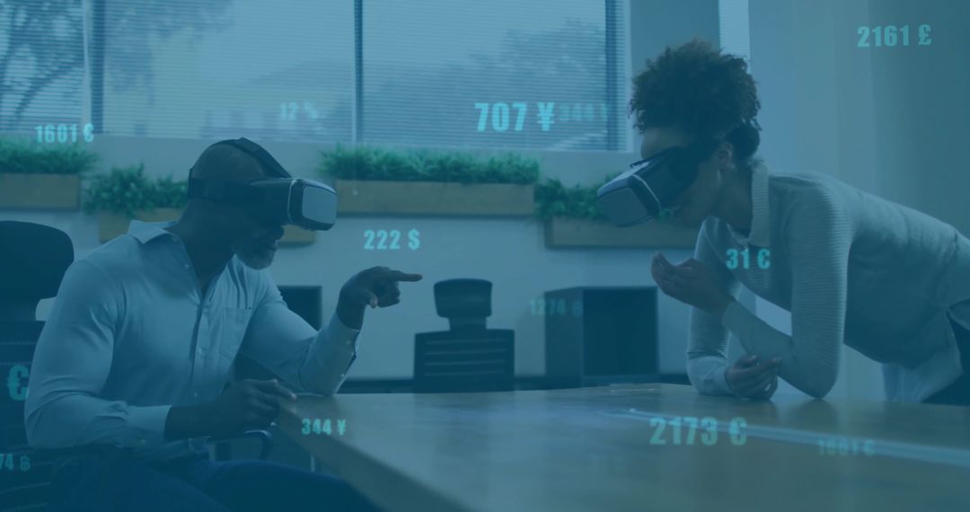 Coworkers Collaborating with VR on Financial Data Visualization