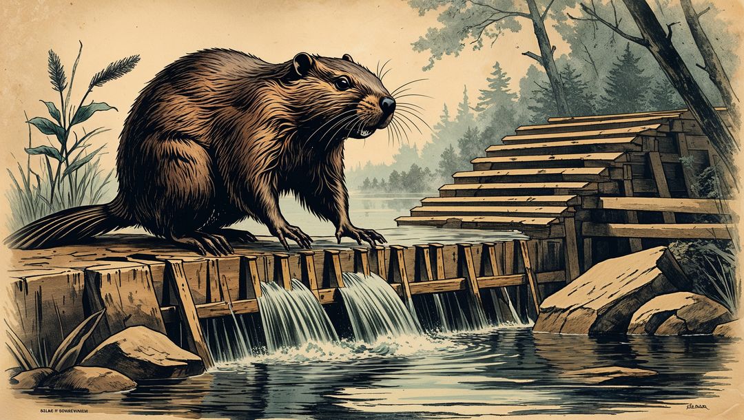 Beaver Balancing on Rustic Log Dam in Natural Marsh Setting