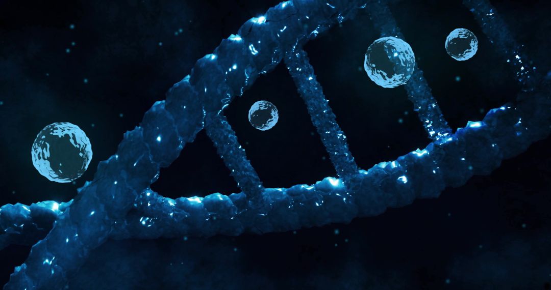 Close-Up of Glowing DNA Strand and Cells in Dark Lab