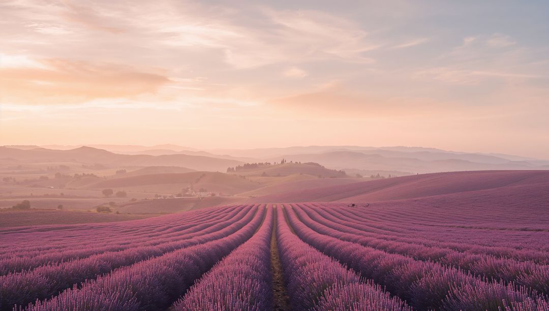 Dawn Over Serene Lavender Fields in Rolling Countryside Hills