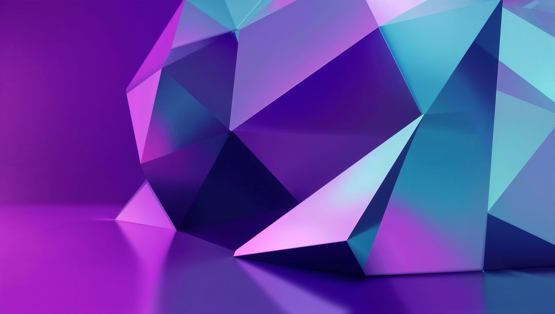 Glowing Faceted Polyhedron Cluster on Reflective Surface in Gradient Colors