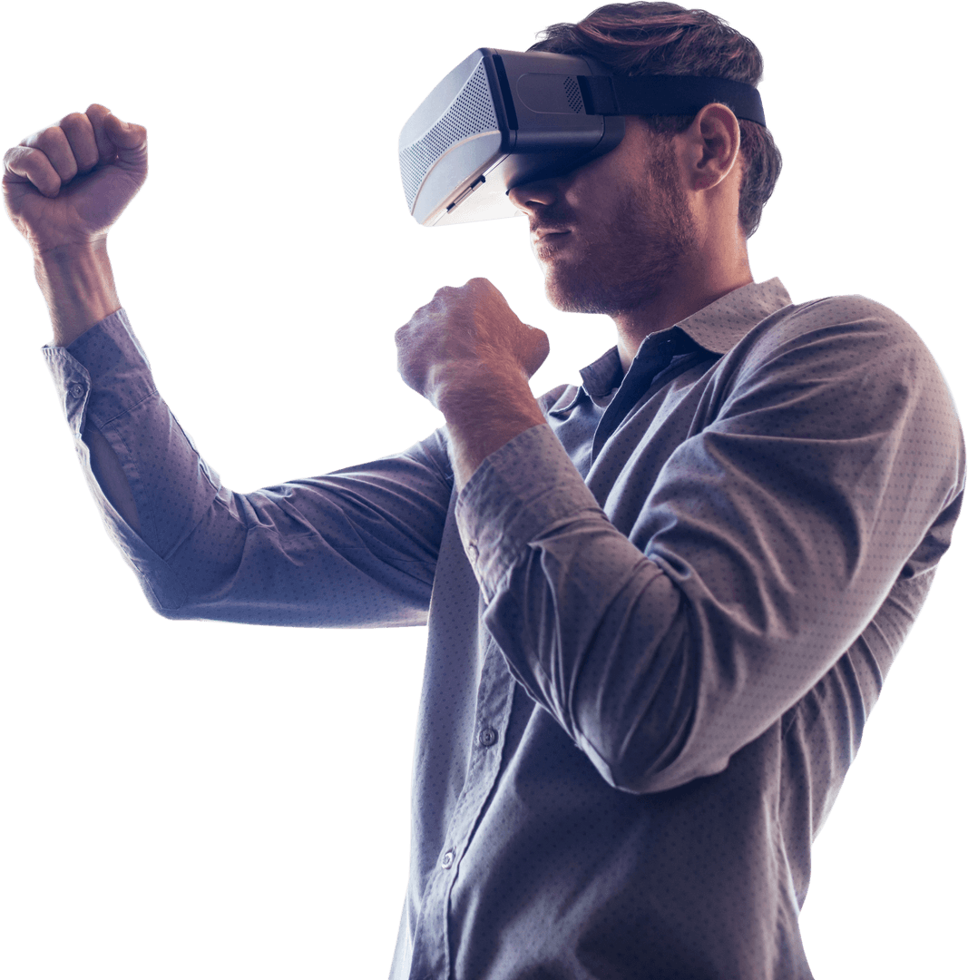 Man in Virtual Reality Headset Practicing Boxing Transparent Background