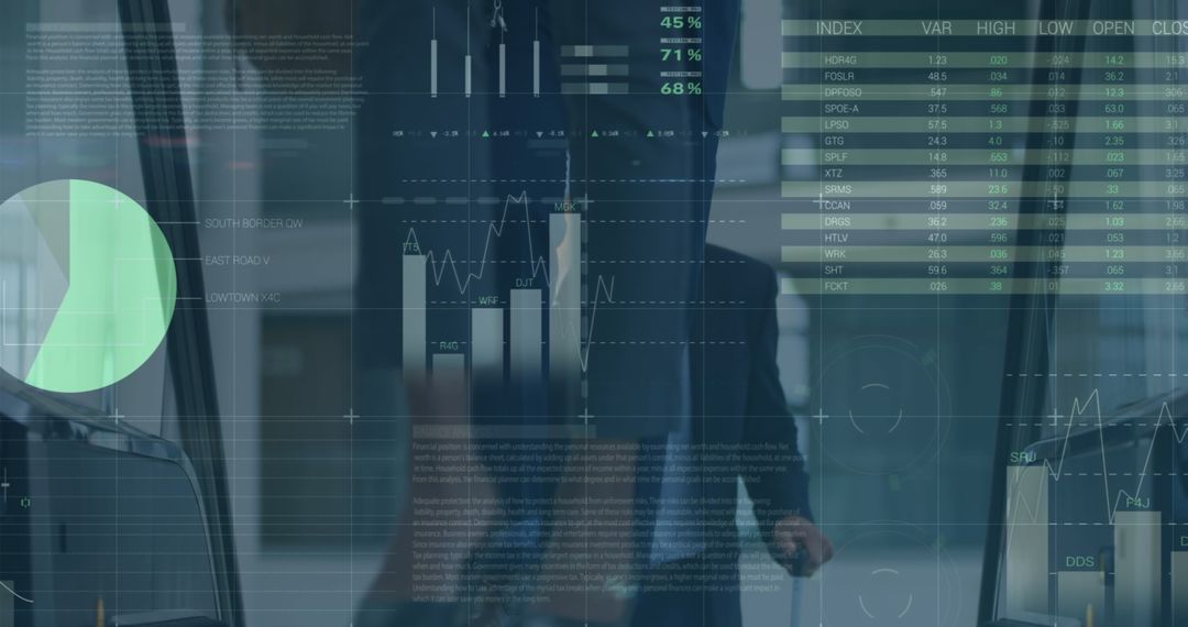 Financial Data Overlaid on Business Executives on Escalator
