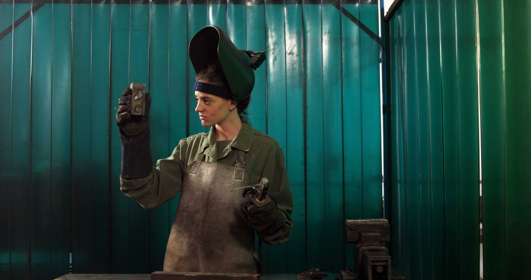 Female Welder in Protective Gear Inspecting Metal Workpiece - Free Images, Stock Photos and Pictures on Pikwizard.com