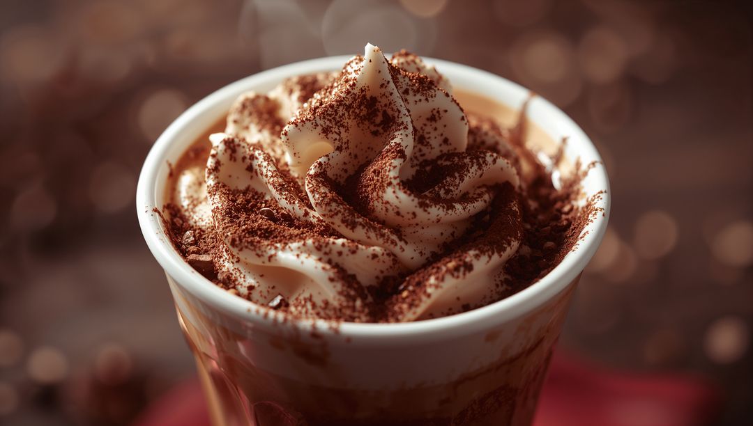 Warm Beverage with Cocoa-Dusted Whipped Cream in Cozy Setting