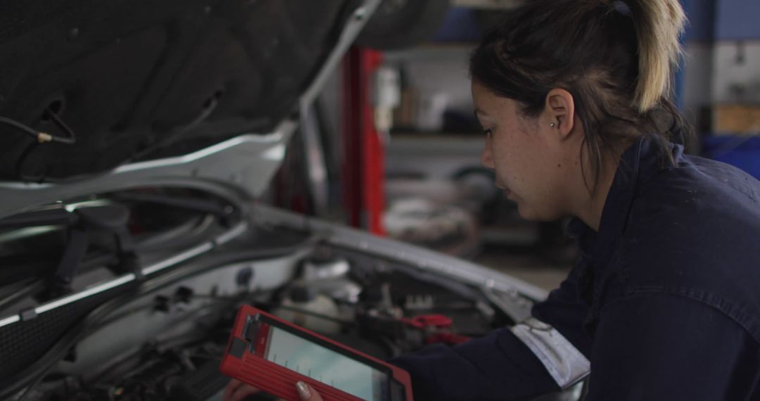 Female mechanic diagnosing car issues with tablet - Free Images, Stock Photos and Pictures on Pikwizard.com