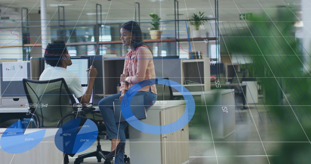 Financial Data Overlay with Diverse Professionals in Office Setting