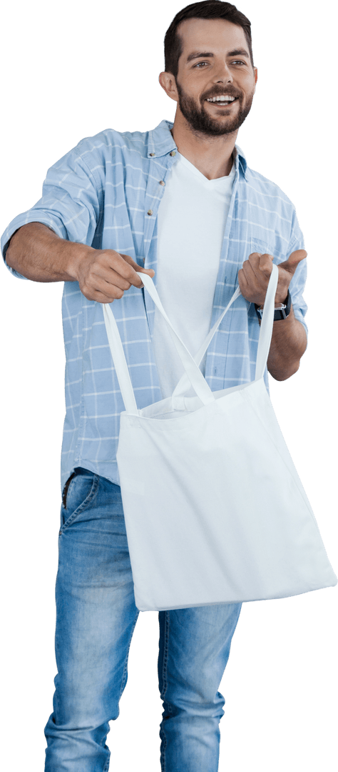 Smiling Man Holding Eco-friendly Shopping Bag on Transparent Background