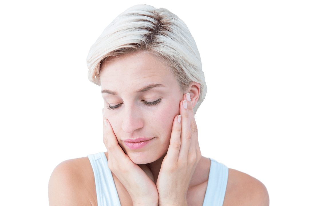 Blonde Woman With Eyes Closed Gently Touching Cheeks Transparent