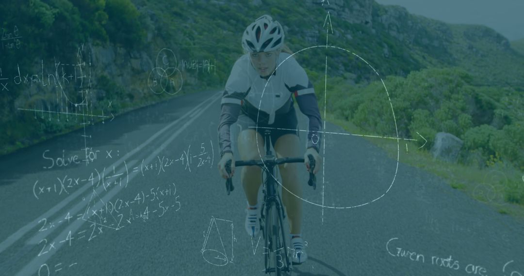 Cyclist Riding on Mountain Road with Mathematical Formulas Overlay - Free Images, Stock Photos and Pictures on Pikwizard.com