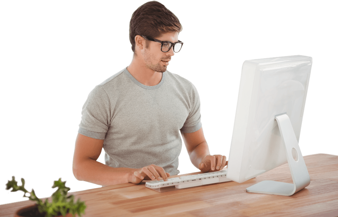 Transparent Hipster Working at Desk with Modern Computer - Download Free Stock Images Pikwizard.com