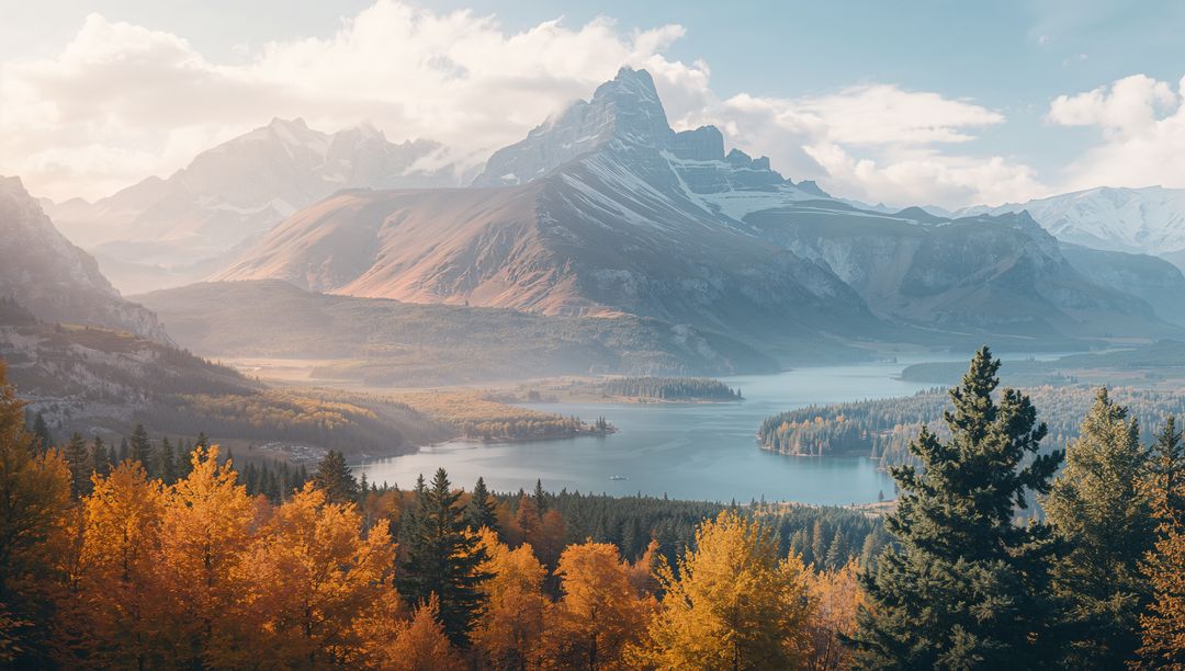 Breathtaking Mountain Landscape with Glacial Lake and Autumn Foliage