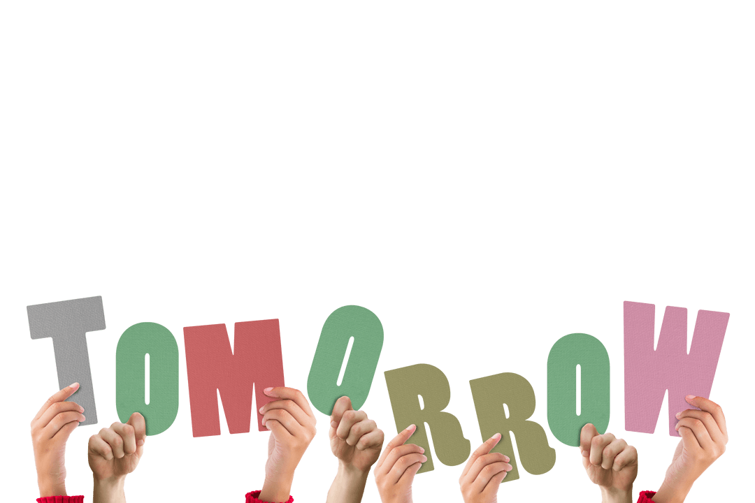 Hands Holding Colorful Letters Forming Transparent Word 'Tomorrow'