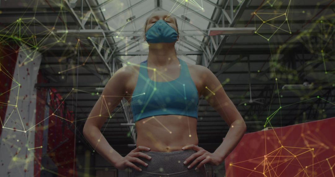 Masked Athlete in Gym Enveloped in Geometric Connections