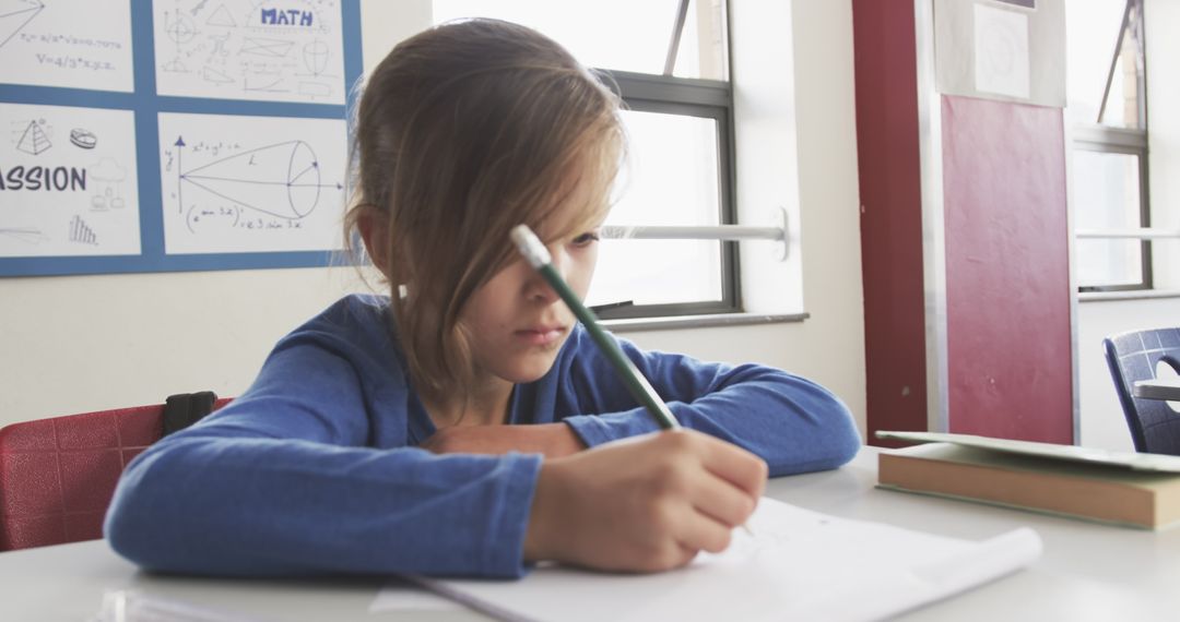 Young Student Focused on Homework in Classroom