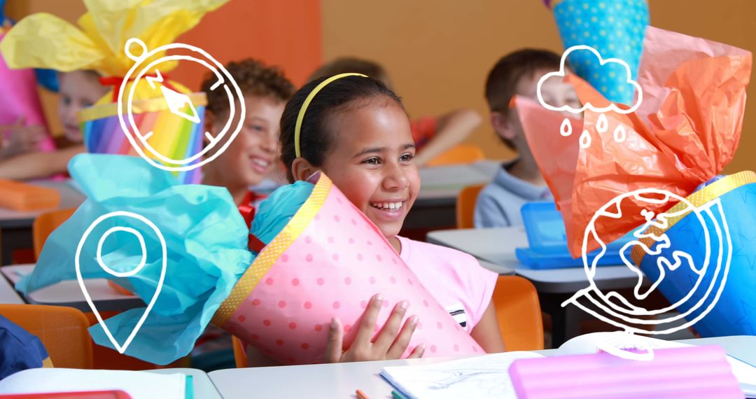 Children Learning with School Icons in Classroom Setting