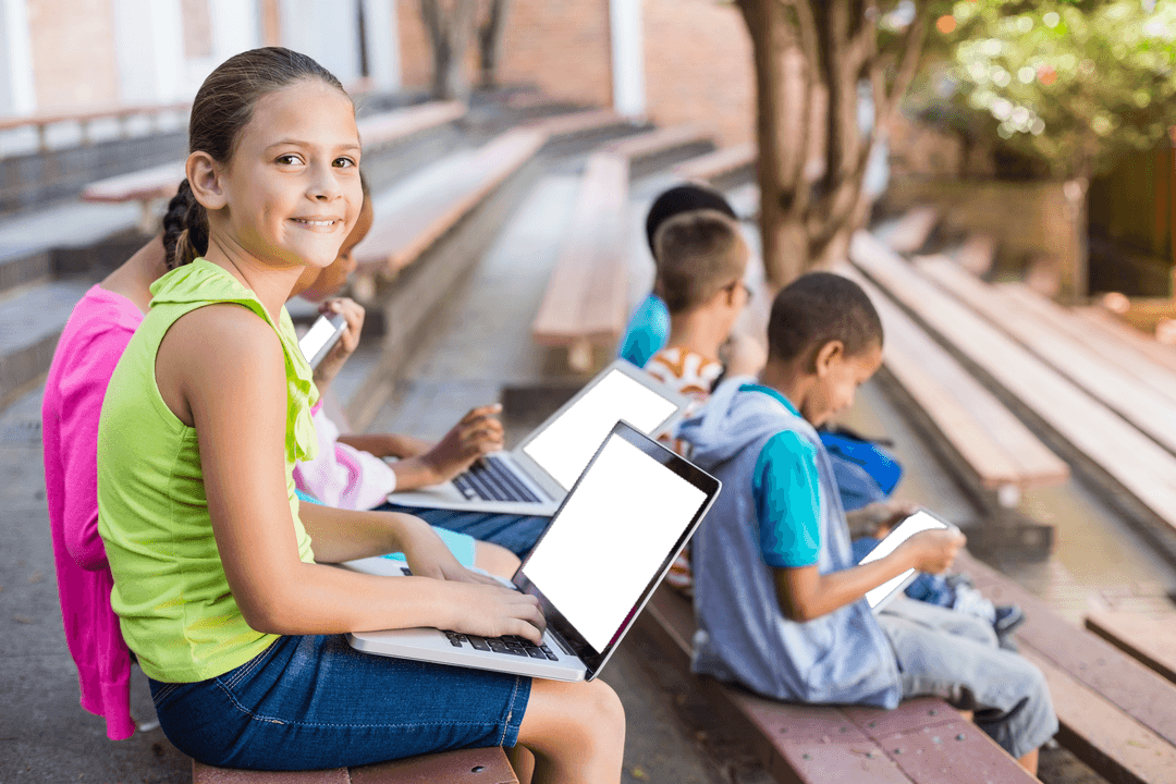 Transparent Smiling Girl Using Laptop with Friends on School Bleachers