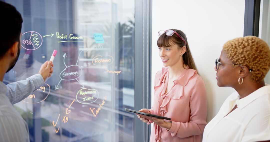 Team Collaborating on Business Strategy with Glass Board Brainstorming