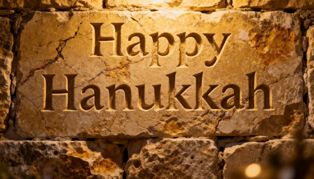 Rustic carved stone plaque reading Happy Hanukkah with warm candlelight glow