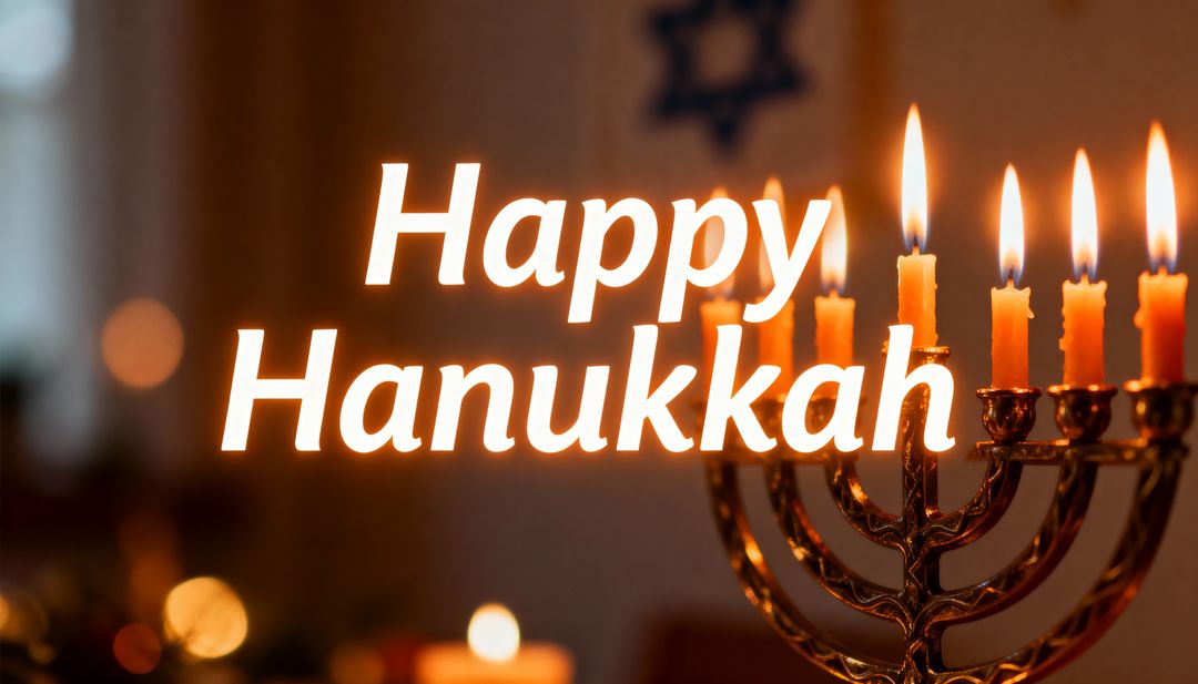 Happy Hanukkah Greeting with Lit Menorah and Warm Candlelight Bokeh for Holiday Cards
