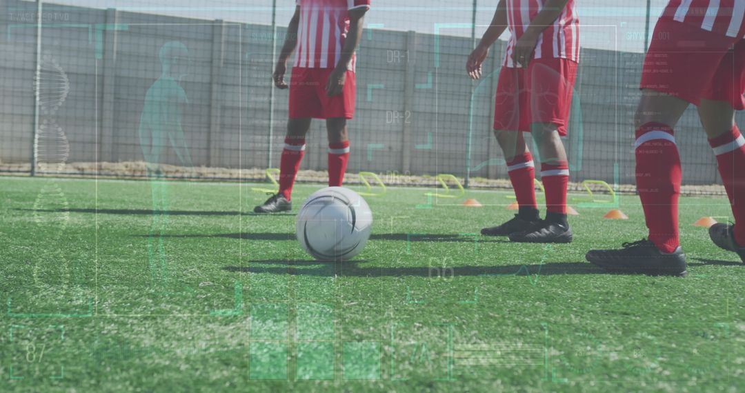 Youth Soccer Players Practicing with Digital Overlay of Data Analysis