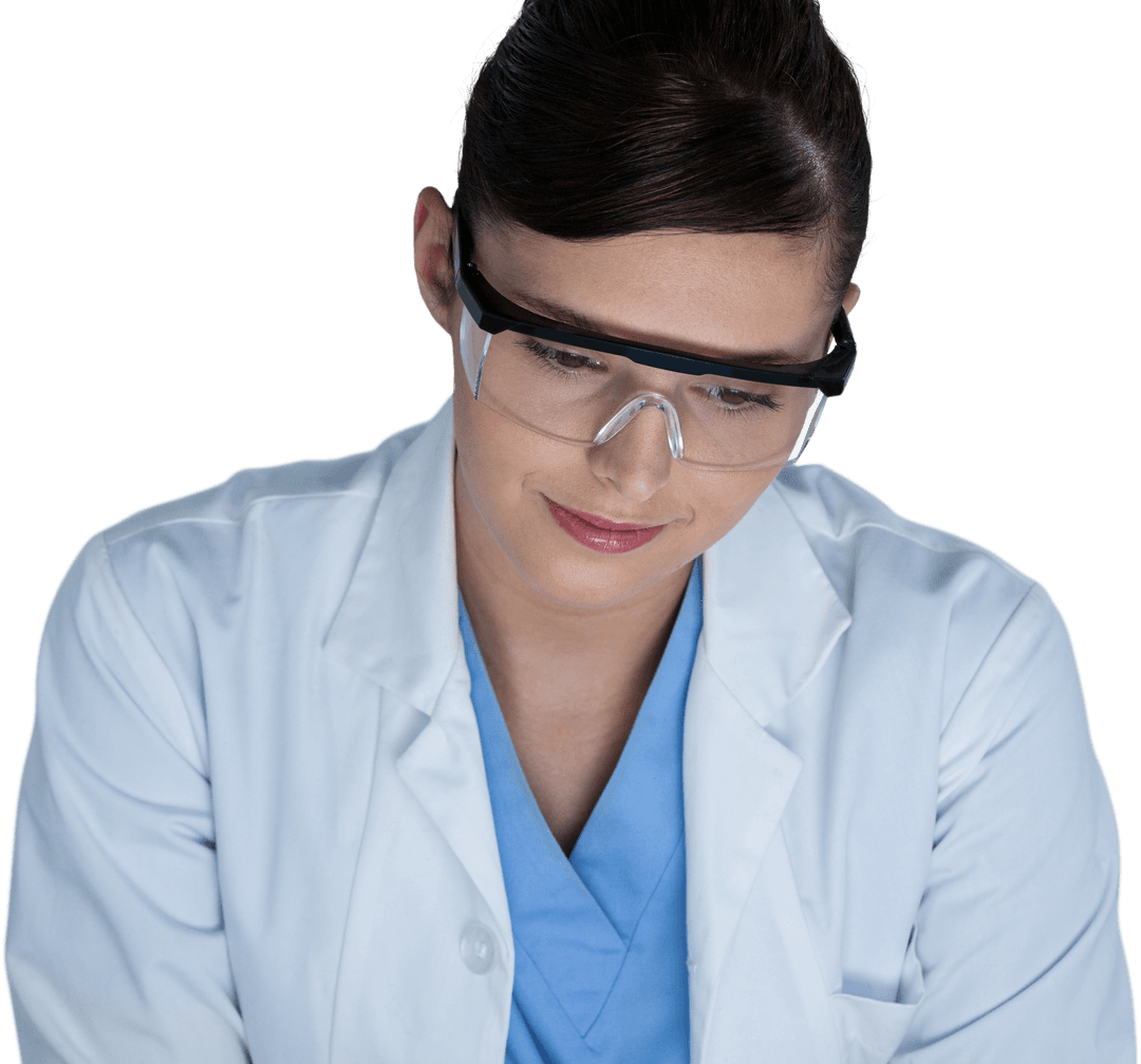 Transparent Background of Female Scientist with Safety Goggles Smiling