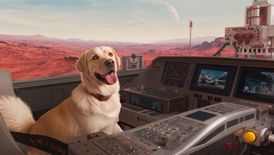 Golden Labrador Piloting Futuristic Mars Cockpit with Red Planet Desert Vista