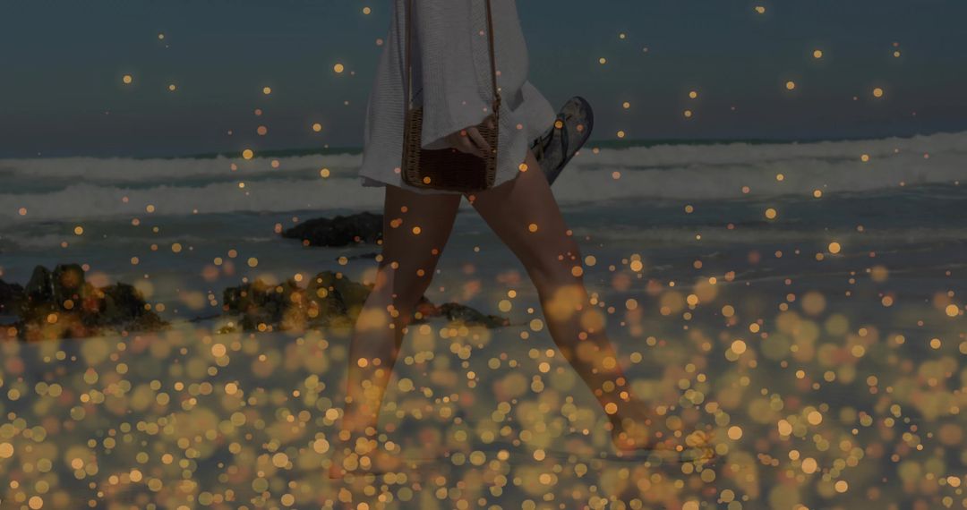 Woman Strolling Seaside with Flip-Flops and Beach Tote