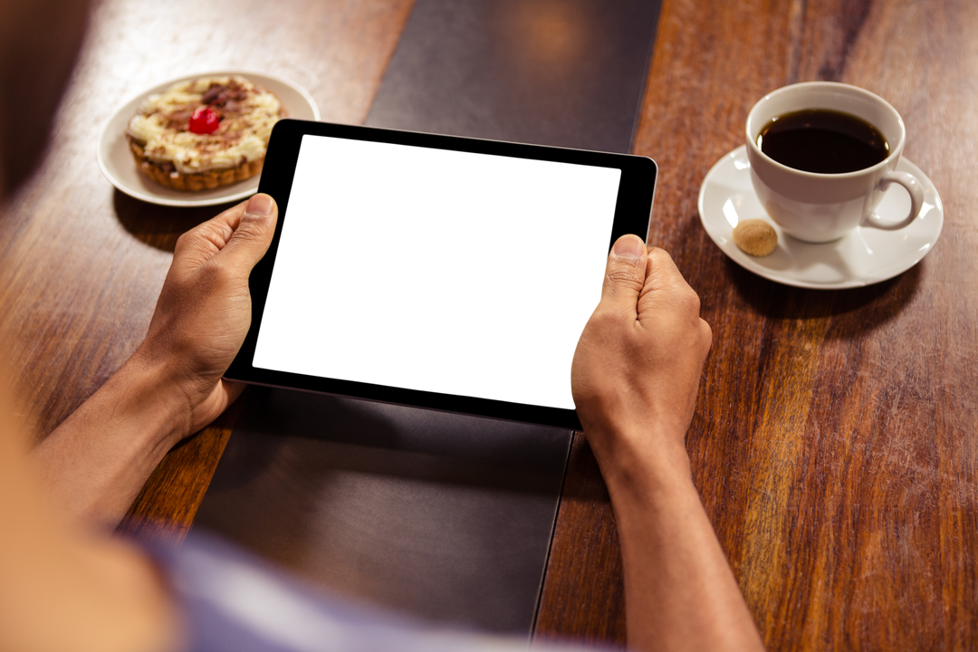 Transparent Tablet in Cafe Scene with Coffee and Pastry - Download Free Stock Images Pikwizard.com