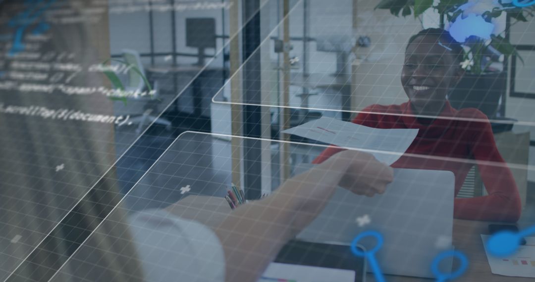 Data Overlay on Collaborating Business People in Modern Office