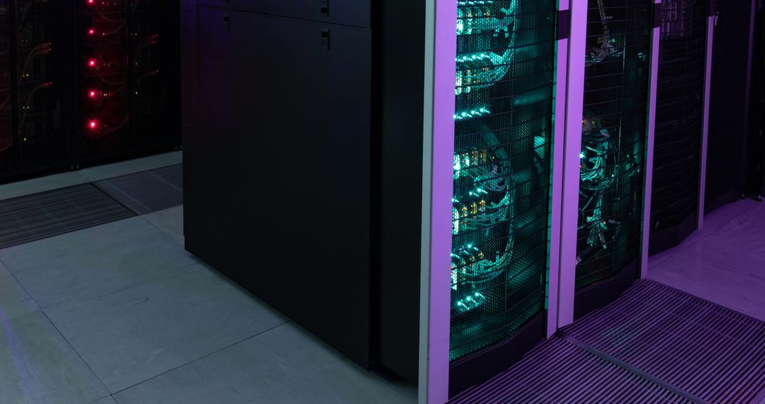 Data Center Corridor with Illuminated Server Racks