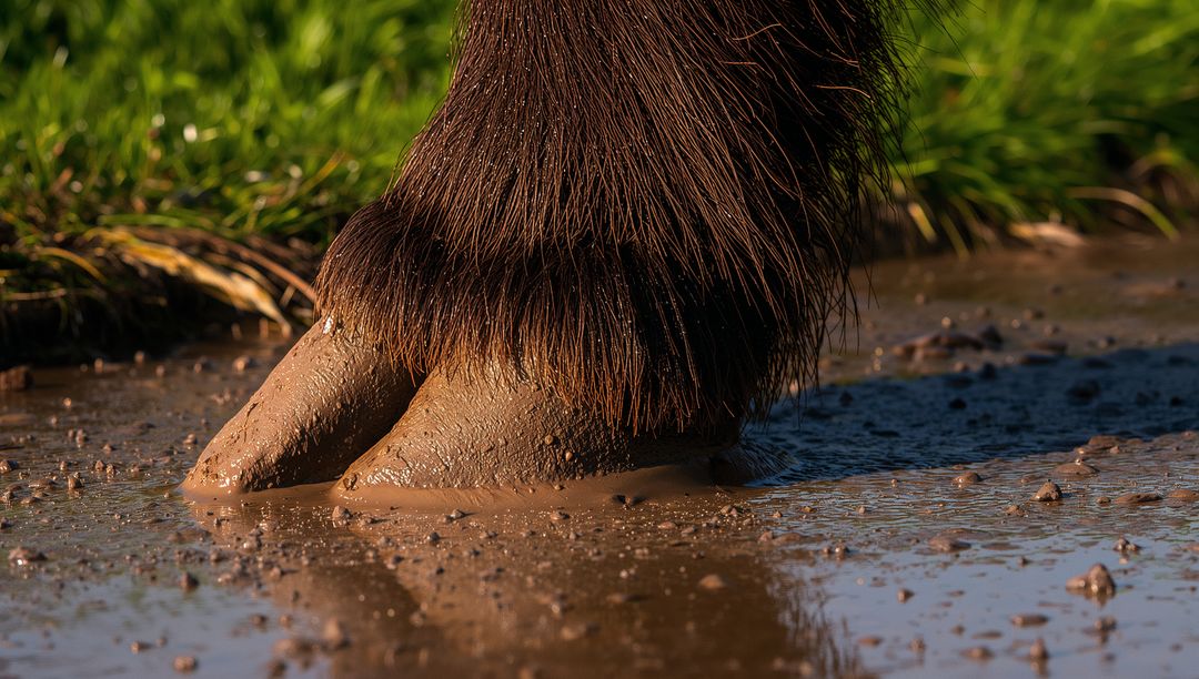 Shaggy ungulate standing with cloven hooves sinking in muddy shoreline at sunrise