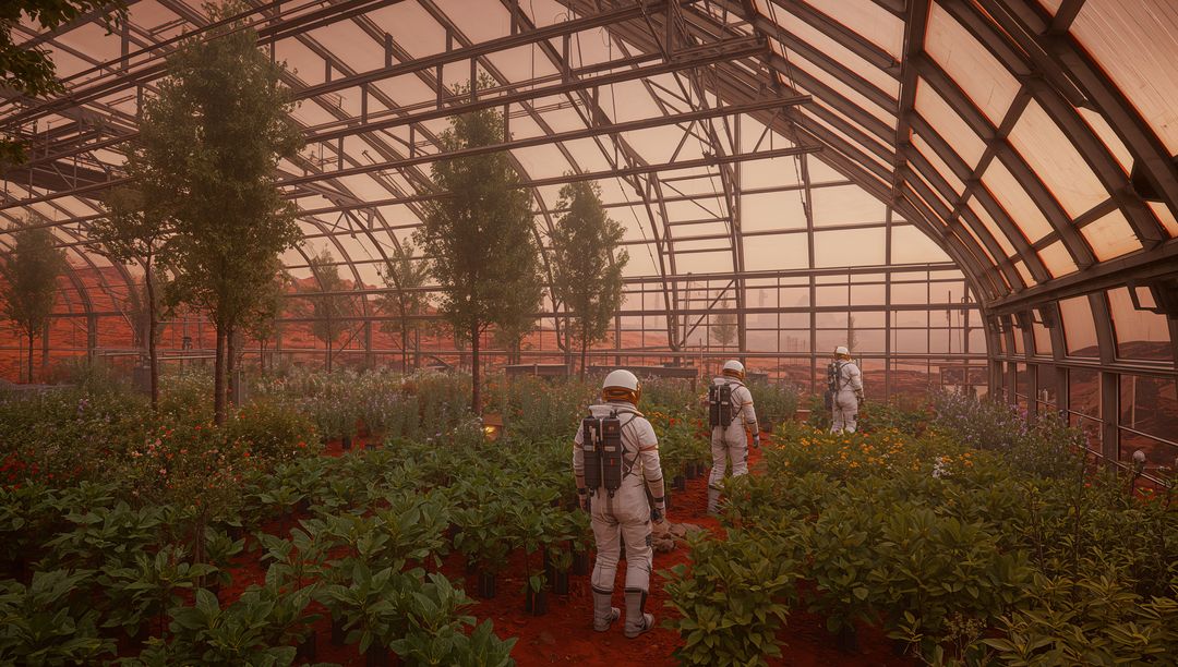 Astronauts tending Martian greenhouse walking through biosphere of thriving crops