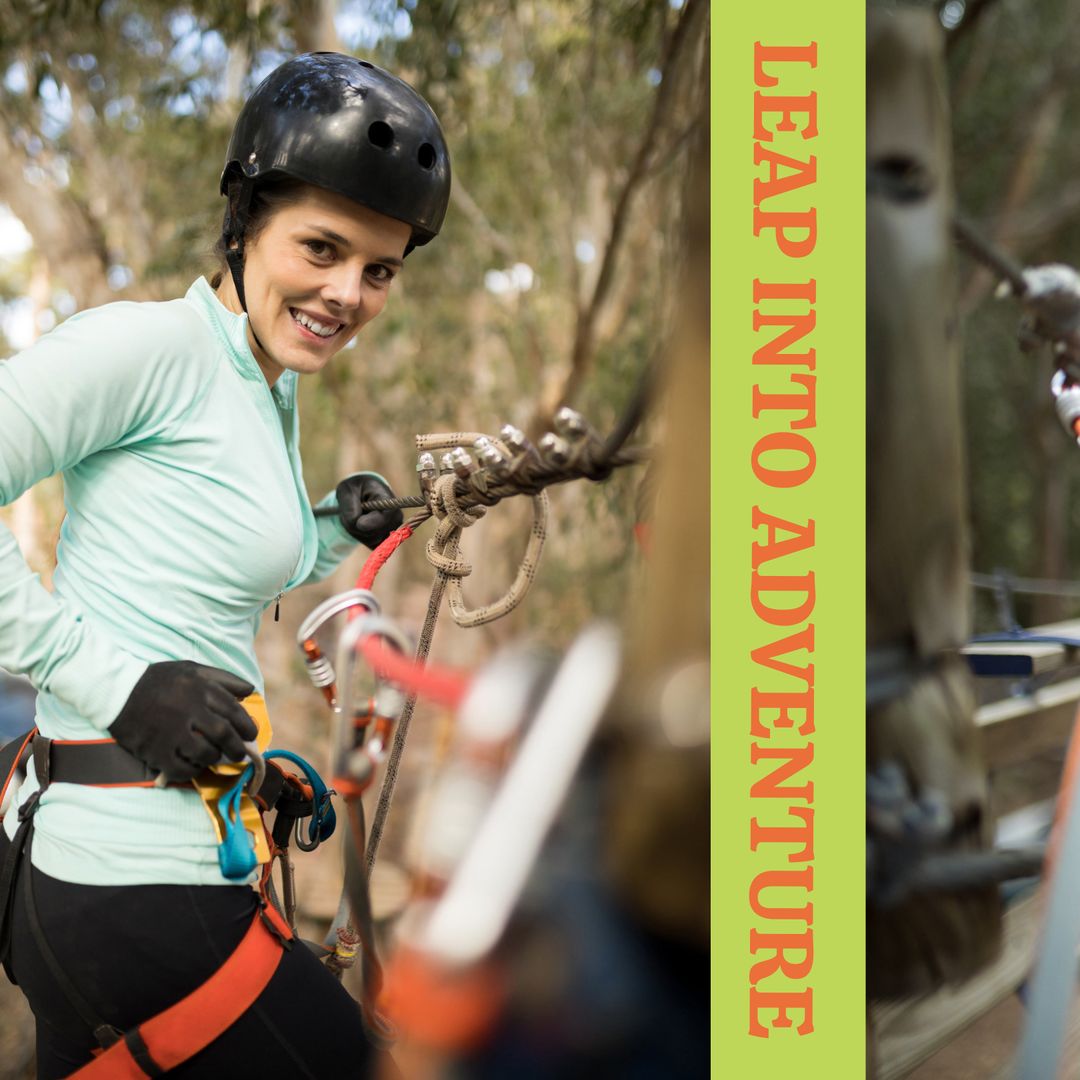 Smiling Woman Ready for Zip-Lining Adventure in Forest