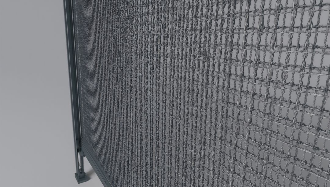 Close-up Chain-Link Fence Panel Leaning on Frame Revealing Mounting Plate and Bolt