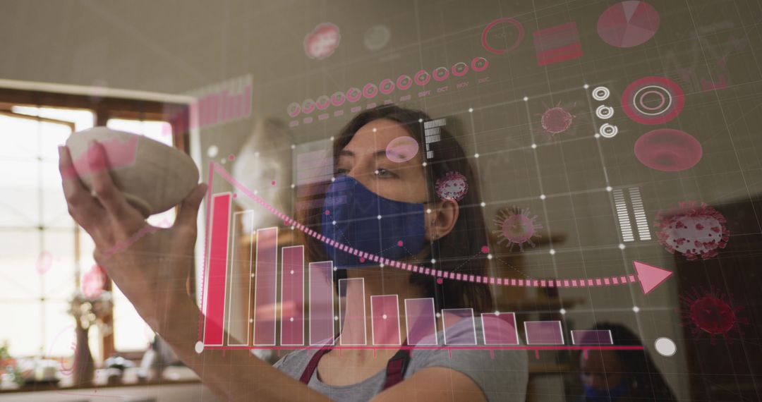 Masked Artisan Creating Pottery with Data Overlay